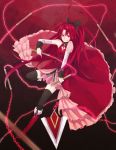  bad_id bare_shoulders black_legwear black_thighhighs blurry boots bow chain chains depth_of_field detached_sleeves hair_bow highres kaguya_ame long_hair mahou_shoujo_madoka_magica polearm ponytail red_eyes red_hair redhead sakura_kyouko smile solo spear thigh-highs thighhighs very_long_hair weapon 