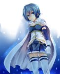  blue_eyes blue_hair blush buckle cape from_below gloves ichii_asa kubyou_azami magical_girl mahou_shoujo_madoka_magica miki_sayaka sad short_hair tears thigh-highs thighhighs zettai_ryouiki 