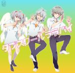  belt blush clone footwear genderswap grey_eyes grey_hair highres laughing legs multiple_persona multiple_wings nagisa_kaworu neon_genesis_evangelion red_eyes seraph shirt shou_(past) socks standing_on_one_leg tabris tabris-xx twintails wings 