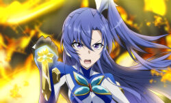  1girl blue_hair bodysuit curtained_hair floating_hair glowing hair_between_eyes ignite_module kazanari_tsubasa long_hair looking_at_viewer multicolored_bodysuit nabeiro_kin open_mouth parted_bangs senki_zesshou_symphogear shouting sidelocks skin_tight solo tsurime two-tone_bodysuit upper_body v-shaped_eyebrows violet_eyes 