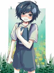 1boy basil_(faraway)_(omori) basil_(omori) black_eyes black_hair blue_shorts blush book clenched_hand clenched_teeth collared_shirt commentary_request flower hair_flower hair_ornament highres holding holding_book looking_at_viewer male_focus omori prototype_design shirt short_hair short_sleeves shorts solo suspender_shorts suspenders sweatdrop teeth tokkooyaku white_shirt 