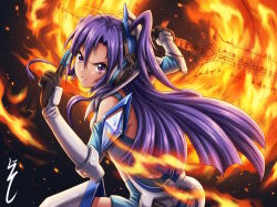  1girl bare_shoulders black_gloves blue_hair blunt_ends commentary_request curtained_hair detached_sleeves double-parted_bangs double_blade fire flaming_weapon floating_hair gloves hair_between_eyes headgear high_side_ponytail highres holding holding_sword holding_weapon kazanari_tsubasa kuji-in motion_lines parted_lips senki_zesshou_symphogear side_ponytail signature solo sword upper_body violet_eyes weapon yoroshi_(yoroshii_seikatsu) 