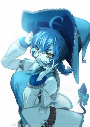  1girl ahoge bare_shoulders blue_hair blue_hat blue_leotard braid braided_twintails breasts coat colored_sclera colored_skin commentary_request demon_girl demon_tail glasses grey_sclera grey_skin grin hair_between_eyes hat highres hiromago large_breasts leotard round_eyewear sharp_teeth smile socks_agency solo tail teeth test_tube twin_braids virtual_youtuber white_background white_coat witch_hat yellow_eyes yomi_quinnley 