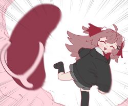  1girl ahoge asymmetrical_legwear black_cardigan black_socks black_thighhighs blush_stickers bow bowtie broken_heart broken_heart_hair_ornament brown_hair cardigan chadntartist closed_eyes commentary downwards_triangle_mouth dutch_angle english_commentary evil_neuro-sama evil_neuro-sama_(1st_costume) flip-flops foot_out_of_frame grey_skirt hair_between_eyes hair_ornament hair_ribbon heart heart_hair_ornament incoming_attack la_chancla long_hair long_sleeves miniskirt off-shoulder_cardigan red_bow red_bowtie red_ribbon ribbon sandals simple_background single_sock single_thighhigh skirt skull_hair_ornament socks solo standing standing_on_one_leg thigh-highs third-party_source uneven_legwear vedal_ai virtual_youtuber white_background 