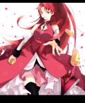  amane_mio bare_shoulders black_legwear black_thighhighs blurry chain chains depth_of_field detached_sleeves foreshortening grin letterboxed long_hair mahou_shoujo_madoka_magica mouth_hold nail_polish outstretched_arm outstretched_hand pocky polearm ponytail red_eyes red_hair redhead sakura_kyouko smile solo spear thigh-highs thighhighs weapon zettai_ryouiki 