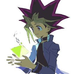 1boy bad_id bad_twitter_id black_hair black_shirt blonde_hair blue_jacket buib_(mekako_chan) collar hands_up high_collar highres jacket long_sleeves male_focus multicolored_hair muto_yugi object_floating_above_hand open_clothes open_jacket shirt simple_background smile solo spiky_hair upper_body violet_eyes white_background yu-gi-oh! yu-gi-oh!_duel_monsters 