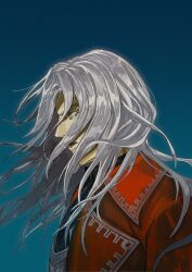  1boy absurdres armor black_shirt black_vest castlevania:_harmony_of_dissonance castlevania_(series) chainmail coat commentary_request eyelashes grey_eyes hair_flowing_over highres juste_belmont keiseki1 male_focus red_coat shirt solo vest white_hair 