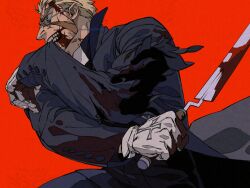  1boy alexander_anderson biting biting_clothes blood blood_on_clothes blood_on_face blue_eyes coat commentary_request crazy_eyes cross evil_grin evil_smile glasses gloves grin hellsing highres incoming_attack male_focus priest sashimi_oran scar scar_on_face smile sword torn_clothes weapon white_gloves 