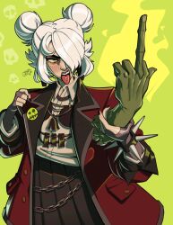  1girl commentary deadlock_(game) double_bun english_commentary goth_fashion graves_(deadlock) green_background green_eyes hair_bun hair_over_one_eye highres jacket joecanvas middle_finger piercing red_jacket school_uniform severed_hand severed_limb solo tongue tongue_out tongue_piercing white_hair zombie 