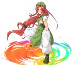  alternate_eye_color bad_id braid clenched_hands fighting_stance fist frown hado hat highres hong_meiling long_hair magic pants payot rainbow red_eyes red_hair redhead shoes solo touhou very_long_hair wrist_cuffs 