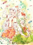  bow closed_eyes dress ex-keine eyes_closed fujiwara_no_mokou gem green_hair hair_bow horns kamishirasawa_keine kneeling long_hair long_sleeves multiple_girls neckerchief open_mouth pants red_eyes shinoasa short_sleeves sitting smile suspenders touhou traditional_media very_long_hair watercolor_(medium) white_hair 