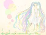  blue_eyes flower hatsune_miku multicolored_hair musical_note open_mouth shoes solo strapless_dress twintails very_long_hair vocaloid white_dress 