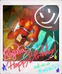  apple blazblue food fruit grey_hair happy_birthday official_art ragna_the_bloodedge sleeping smiley_face writing 