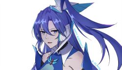  1girl 2026 bare_shoulders blue_hair curtained_hair dated double-parted_bangs english_text floating_hair hair_between_eyes happy_birthday headgear headset high_side_ponytail highres kazanari_tsubasa lei_(mcrtj00) long_hair looking_at_viewer open_mouth senki_zesshou_symphogear side_ponytail simple_background smile solo symphogear_pendant upper_body v-shaped_eyebrows violet_eyes white_background 
