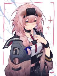  1girl absurdres animal_ears arknights belt black_collar black_hairband black_skirt blue_bow blue_coat blush bow braid breast_strap cat_ears cat_girl closed_mouth coat collar collarbone commentary_request english_commentary goldenglow_(arknights) hair_between_eyes hair_bow hairband hand_on_own_chest highres inset_border lanyard long_hair long_sleeves looking_at_viewer mixed-language_commentary pink_belt pink_coat pink_hair scissors side_braid skirt solo two-sided_coat two-sided_fabric upper_body white_background yellow_eyes yononaka 