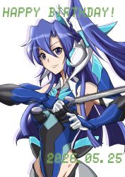  1girl 2026 bare_shoulders blue_hair blunt_ends closed_mouth commentary_request curtained_hair dated detached_sleeves double-parted_bangs english_text floating_hair gloves hair_between_eyes happy_birthday headgear headset high_side_ponytail highleg highleg_leotard highres holding holding_sword holding_weapon kazanari_tsubasa leotard light_smile long_hair looking_at_viewer nbg067149991176 outline purple_outline senki_zesshou_symphogear side_ponytail simple_background solo sword symphogear_pendant upper_body v-shaped_eyebrows violet_eyes weapon white_background white_gloves 