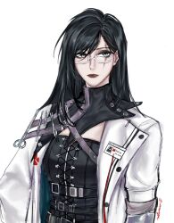  belt black_hair doctor glasses highres iron_(path_to_nowhere) long_hair looking_to_the_side path_to_nowhere scar scar_across_eye scar_on_face sideways_glance urezonyx white-framed_eyewear white_background 