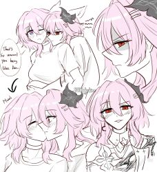  2girls absurdres artist_name black_flower blue_eyes blush collarbone commentary english_commentary english_text evernight_(honkai:_star_rail) flower hair_flower hair_ornament hakukiee highres honkai:_star_rail honkai_(series) hug hug_from_behind kiss looking_at_another march_7th_(honkai:_star_rail) multicolored_eyes multiple_girls one_eye_closed partially_colored pink_eyes pink_hair red_eyes selfcest shaded_face short_sleeves tongue tongue_out yuri 
