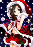  belt black_hair gloves hat idolmaster kikuchi_makoto midriff nekomaru santa_costume santa_hat short_hair skirt snowing star vest 