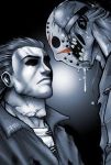  battle coat crossover epic fangs friday_the_13th halloween_(film) hockey_mask jacket jason_voorhees jumpsuit mask michael_myers monochrome saliva teeth torn_clothes vs 