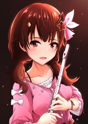 1girl brown_eyes brown_hair diamond_hair_ornament flute hair_ornament highres holding holding_flute holding_instrument hololive instrument looking_at_viewer low_twintails medium_hair moezi official_alternate_costume open_mouth pink_shirt shirt smile solo star_(symbol) star_hair_ornament tokino_sora tokino_sora_(casual) twintails virtual_youtuber 