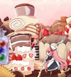  apron cake candle candy candy_cane checkerboard_cookie chibi chocolate cookie dress fire food fork fruit girl_in_food gozen_shinshi gumballs highres in_food long_hair long_sleeves minigirl oreo original pancake pink_hair profile purple_eyes solo strawberry strawberry_shortcake syrup very_long_hair violet_eyes 