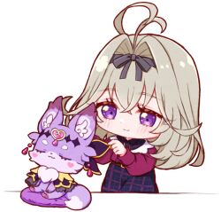  1girl :3 antenna_hair black_ribbon black_skirt blush chibi chibi_only closed_eyes closed_mouth commentary crossed_bangs grey_hair hair_between_eyes hair_intakes hair_ribbon long_hair long_sleeves mashu-tan meitantei_precure! moria_luluka oyasumirakko plaid_clothes plaid_skirt precure red_shirt ribbon shirt simple_background skirt smile upper_body white_background 