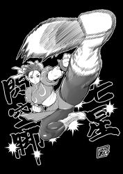  1girl boots bracelet bun_cover china_dress chinese_clothes chun-li double_bun dress flying_kick greyscale hair_bun highres jewelry kicking monochrome pantyhose pelvic_curtain solo spiked_bracelet spikes street_fighter uruooohasi 