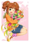  ;d bouquet brown_hair flower footwear green_eyes hair_ornament idolmaster inou_shin lowres open_mouth polka_dot polka_dot_legwear polka_dot_socks ribbon shoes smile socks solo takatsuki_yayoi twintails v wink 