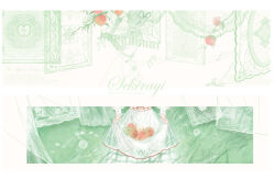  2girls absurdres apple apple_tree artist_name beamed_sixteenth_notes conductor_baton curtains dandelion dandelion_clock dress english_text flower food food_focus fruit grass green_theme highres holding holding_own_dress lace long_sleeves monochrome multiple_girls musical_note musical_staff original puffy_long_sleeves puffy_sleeves see-through_curtains sekirayi short_sleeves skirt_basket spot_color still_life tree white_flower wind 