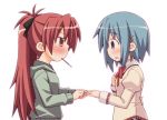  blue_eyes blue_hair blush casual hair_ornament hairclip jewelry long_hair mahou_shoujo_madoka_magica miki_sayaka mouth_hold multiple_girls nekotoufu pocky ponytail red_eyes red_hair redhead ring sakura_kyouko school_uniform short_hair yuri 