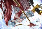  bad_id bare_shoulders blood blue_hair blurry breast_press breasts cape cuts depth_of_field falling grief_seed hug injury long_hair magical_girl mahou_shoujo_madoka_magica miki_sayaka multiple_girls petals polearm red_eyes red_hair sakura_kyouko short_hair spear sword swordsouls symmetrical_docking tears thighhighs weapon 