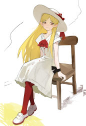  1girl 25447748 absurdres ascot blonde_hair chair collarbone commentary_request dress full_body hat hat_ribbon highres long_hair looking_at_viewer monogatari_(series) official_alternate_hairstyle orange_eyes oshino_shinobu pantyhose pointy_ears red_ascot red_pantyhose red_ribbon ribbon shoes sitting smile sneakers solo tennis white_background white_dress wristband 