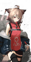  1girl absurdres animal_ear_piercing animal_ears arknights black_shorts breasts brown_hair cowboy_shot cutter_(arknights) fox_ears fox_girl hair_ornament hairclip highres jacket jewelry looking_at_viewer necklace off_shoulder open_clothes open_jacket pentagram planted planted_sword red_eyes red_shirt ruya_(tkrsn4) shirt short_hair shorts simple_background small_breasts solo sword topknot weapon white_background x_hair_ornament 