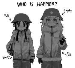  2girls arm_at_side arrow_(symbol) book brodie_helmet chewing chito_(shoujo_shuumatsu_ryokou) closed_mouth combat_helmet cowboy_shot dot_nose eating english_text expressionless field_ration food food_on_face fur-trimmed_sleeves fur_trim gloves greyscale hair_between_eyes hand_up helmet highres holding holding_book holding_food hood hood_down long_hair long_sleeves looking_at_viewer low_twintails military_uniform monochrome multiple_girls pants parted_lips shoujo_shuumatsu_ryokou side-by-side simple_background smile stahlhelm straight-on sunny_sakana tareme twintails white_background yuuri_(shoujo_shuumatsu_ryokou) 
