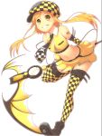  cabbie_hat checkered checkered_legwear death_(entity) hat koflif leaning_forward midriff missing_tooth navel necktie original scythe skirt thigh-highs thighhighs yellow_legwear 