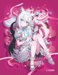  1girl ahoge animal_ear_piercing animal_ears apron aqua_eyes braid collared_dress commentary_request copyright_notice cup double-parted_bangs dress fox_ears fox_girl fox_tail frilled_apron frilled_dress frilled_socks frilled_thigh_strap frills full_body grey_shoes hair_between_eyes holding holding_cup holding_spoon hololive long_hair looking_at_viewer mary_janes medium_hair nana_tetra official_art open_mouth pentagram puffy_short_sleeves puffy_sleeves shirakami_fubuki shoes short_dress short_sleeves side_braid simple_background socks solo spoon tail thigh_strap underbust virtual_youtuber white_apron white_dress white_hair white_socks 