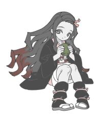  1girl black_hair black_haori checkered_sash closed_mouth cup denovo320 full_body grey_eyes hair_ribbon haori highres holding holding_cup invisible_chair japanese_clothes kamado_nezuko kimetsu_no_yaiba kimono knees_together_feet_apart multicolored_hair obi pigeon-toed pink_kimono pink_ribbon red_hair ribbon sandals sash sideways_glance simple_background sitting socks solo tabi two-tone_hair white_background white_socks yunomi zouri 
