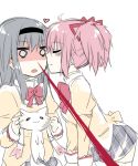  akemi_homura black_hair blood blush bow cheek_kiss cheek_pinch cheek_pinching closed_eyes epic_nosebleed eyes_closed hairband heart kaname_madoka kiss kyubey kyuubee long_hair long_sleeves mahou_shoujo_madoka_magica miz_01 mizuki_(koko_lost) multiple_girls nosebleed open_mouth pinch pinching profile rough school_uniform short_twintails skirt thighhighs twintails white_legwear yuri 