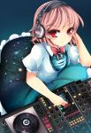  bowtie copyright_request dj dress galaxy headphones highres moccy phonograph pink_hair red_eyes smile solo star_(sky) turntable 