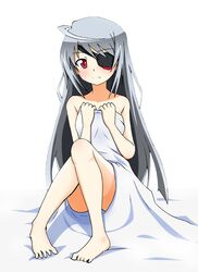  infinite_stratos laura_bodewig long_hair moruda naked_sheet red_eyes silver_hair smile 