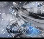  armor black_hair cape gauntlets long_hair pixiv_fantasia pixiv_fantasia_5 side_ponytail snow sword takayama_dan warrior weapon 