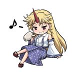  bare_shoulders blush chibi cosplay crossed_legs detached_sleeves geta gourd grin haniwa haniwa_(leaf_garden) horn hoshiguma_yuugi japanese_clothes kochiya_sanae kochiya_sanae_(cosplay) legs_crossed long_hair miko musical_note no_socks red_eyes sitting smile solo teeth touhou 