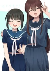  2girls akagi_(kancolle) akagi_(sasebo)_(kancolle) black_hair blue_serafuku blue_shirt blue_skirt blush brown_hair facing_viewer fubuki_(kancolle) fubuki_kai_san_(kancolle) highres kantai_collection long_hair mnanao0729 multiple_girls neckerchief official_alternate_costume sailor_collar sailor_shirt school_uniform serafuku shirt short_hair sidelocks skirt smile white_neckerchief 