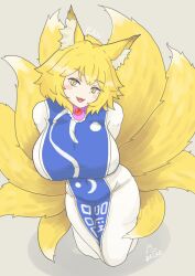  1girl animal_ear_fluff animal_ears blonde_hair blue_tabard breasts commentary_request dress fang fox_ears fox_girl fox_tail full_body grey_background highres kitsune large_breasts looking_at_viewer multiple_tails open_mouth short_hair signature simple_background slit_pupils solo tabard tail touhou warosufox white_dress yakumo_ran yellow_eyes 
