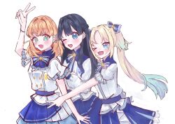  >_o 365_days_(love_live!) 3girls 6th_live_dream_~bloom_garden_party~ :d ;d arm_up blue_bow blue_bowtie blue_eyes blue_hair blue_skirt bow bowtie buttons commentary_request diamond_button double-breasted fang flower_stand_art frilled_bowtie frilled_sleeves frills hasu_no_sanrenka highres hinoshita_kaho looking_at_viewer love_live! love_live!_hasu_no_sora_jogakuin_school_idol_club multiple_girls murano_sayaka one_eye_closed open_mouth osawa_rurino pleated_skirt puffy_short_sleeves puffy_sleeves shirt short_sleeves sidomi simple_background skin_fang skirt smile striped_bow striped_bowtie striped_clothes v virtual_youtuber white_background white_shirt 
