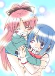  blue_eyes blue_hair bow casual grin hair_bow hair_ornament hairclip hug long_hair mahou_shoujo_madoka_magica miki_sayaka multiple_girls pocky ponytail red_hair redhead sakura_kyouko school_uniform short_hair shorts smile usami_wataru 