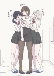  3girls absurdres black_hair black_shoes black_skirt blonde_hair bow bowtie brown_hair brown_pantyhose closed_mouth collared_shirt commentary_request drink drinking drinking_straw drinking_straw_in_mouth girl_sandwich green_eyes hand_on_another's_shoulder highres holding holding_another's_arm holding_drink holding_own_skirt light_blush loafers long_hair looking_at_another miyao385 mole mole_under_eye mole_under_mouth multiple_girls nervous nervous_smile nervous_sweating open_mouth orange_eyes original pantyhose pencil_skirt pleated_skirt red_bow red_bowtie sandwiched school_uniform shared_drink shirt shoes short_hair skirt smile socks standing sweat teacher_and_student translation_request violet_eyes white_background white_shirt white_shoes white_socks 