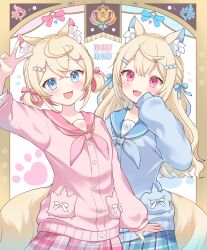  animal_ear_fluff animal_ears applique2828 aqua_eyes aqua_hair aqua_jacket aqua_neckerchief aqua_sailor_collar aqua_skirt blonde_hair blush breasts commentary_request dog_ears dog_girl dog_tail fuwawa_abyssgard hair_between_eyes highres hololive jacket long_hair looking_at_viewer mococo_abyssgard neckerchief open_mouth pink_eyes pink_hair pink_jacket pink_neckerchief pink_sailor_collar pink_skirt plaid_clothes plaid_skirt sailor_collar short_hair siblings skirt sleeves_past_fingers sleeves_past_wrists smile tail twins v virtual_youtuber 