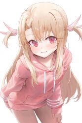  1girl absurdres bent_over blonde_hair blush closed_mouth collarbone commentary_request cowboy_shot fate/kaleid_liner_prisma_illya fate_(series) hand_on_own_hip hand_on_own_leg highres hood hoodie illyasviel_von_einzbern kaze_22 korean_commentary long_hair looking_at_viewer oversized_clothes oversized_shirt pink_eyes pink_hoodie shirt sidelocks simple_background solo thighs white_background 
